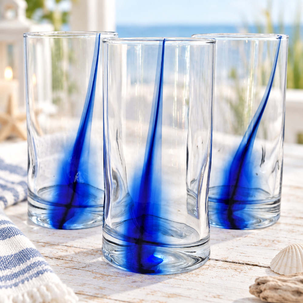 Libbey Impressions Blue Ribbon Cobalt Swirl Tumblers Set of 3 Coastal Chic